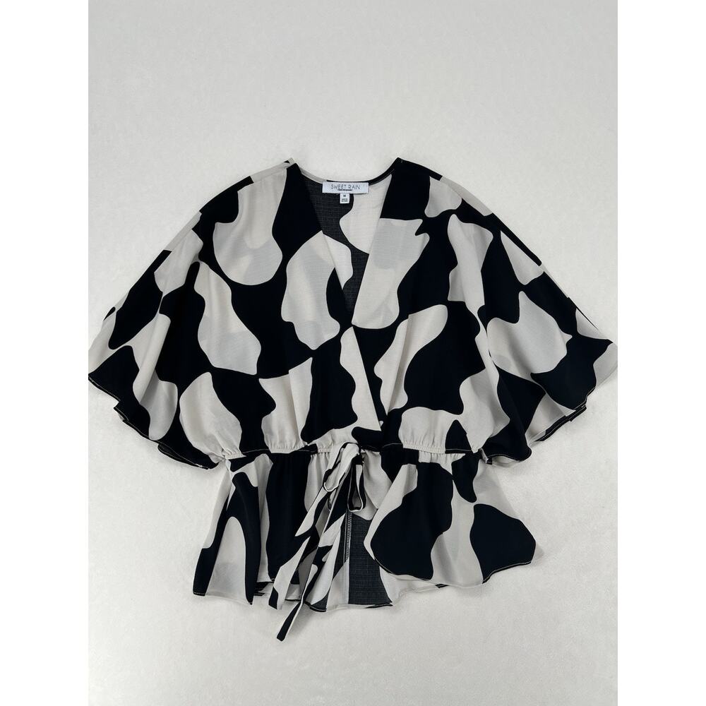 Sweet Rain Black White Abstract Kimono Blouse Womens Medium Tie Waist Boho Top